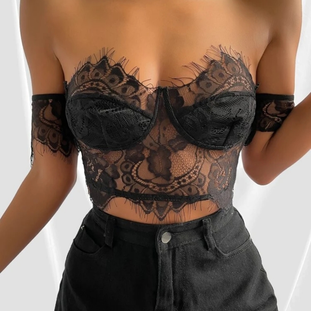 Off Shoulder Sheer Lace Crop Top